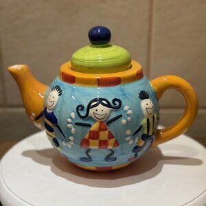 Vintage Rayware Teapot Retro Embossed Colorful Hand-painted 6 Cup Secure Lid